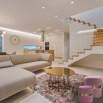 m-kaka Round Storage Velvet Ottoman (2022 Foot Rest Stool Upholstered Footstool Table Seat Make Up Golden Stainless Steel Band, Pack of 2 (Pink)