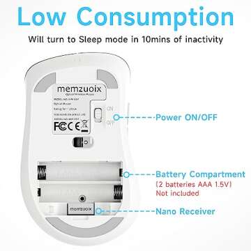 memzuoix 2.4G Wireless Mouse, 1200 DPI Computer Wireless Mouse with USB Receiver, Portable Wireless USB Mouse Battery Powered Cordless Mouse for Laptop, PC, Desktop, 5 Buttons (White)