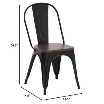 Shahoo Metal Dining Chairs Classic Iron Stackable Industrial Vintage Trattoria Wooden Seat and Back, Indoor-Outdoor Side Settee for Home Bistro Cafe Kitchen Restaurant Set of 4, Black and Gold