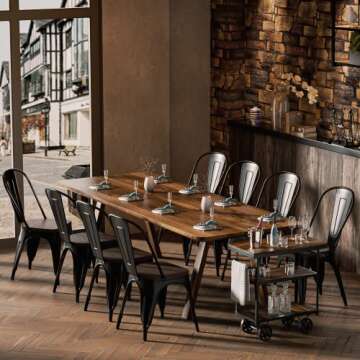 Shahoo Metal Dining Chairs Classic Iron Stackable Industrial Vintage Trattoria Wooden Seat and Back, Indoor-Outdoor Side Settee for Home Bistro Cafe Kitchen Restaurant Set of 4, Black and Gold