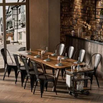 Shahoo Metal Dining Chairs Classic Iron Stackable Industrial Vintage Trattoria Wooden Seat and Back, Indoor-Outdoor Side Settee for Home Bistro Cafe Kitchen Restaurant Set of 4, Black and Gold