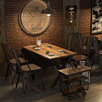 Shahoo Metal Dining Chairs Classic Iron Stackable Industrial Vintage Trattoria Wooden Seat and Back, Indoor-Outdoor Side Settee for Home Bistro Cafe Kitchen Restaurant Set of 4, Black and Gold