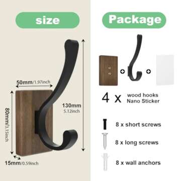 bussdis Wood Wall Hooks for Hanging - 4 Pack Hooks Wall Mounted, Wooden Rustic Farmhouse Heavy Duty Towel Hooks, Hooks for Coats, Towel, Hat, Keys, Purse, Bag and Robe