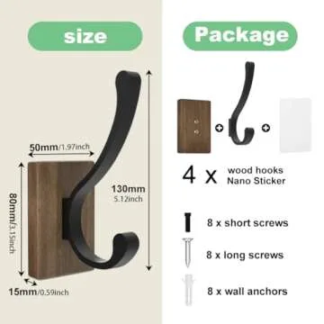 bussdis Wood Wall Hooks for Hanging - 4 Pack Hooks Wall Mounted, Wooden Rustic Farmhouse Heavy Duty Towel Hooks, Hooks for Coats, Towel, Hat, Keys, Purse, Bag and Robe