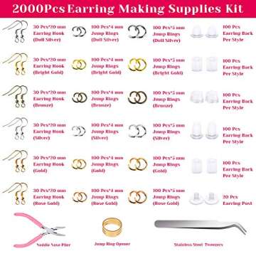 Earrings Hooks for Jewelry Making, Anezus 2000Pcs Earring Making Supplies Kit with Fish Hook Earrings, Earring Cards, Jewelry Plier, Earring Backs and Jump Ring for Jewelry Making and Earring Repair