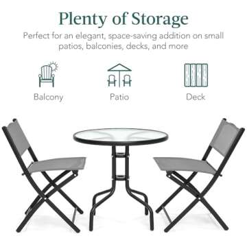 Best Choice Products 3-Piece Patio Bistro Dining Furniture Set w/Glass Tabletop, 2 Folding Chairs, S...