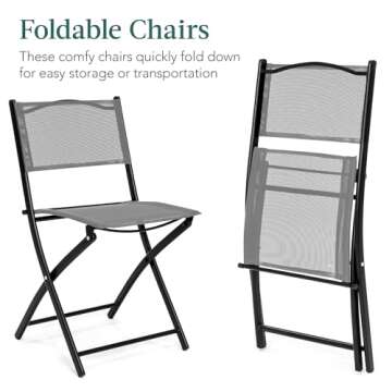 Best Choice Products 3-Piece Patio Bistro Dining Furniture Set w/Glass Tabletop, 2 Folding Chairs, Steel Frame, Polyester Fabric - Gray