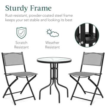 Best Choice Products 3-Piece Patio Bistro Dining Furniture Set w/Glass Tabletop, 2 Folding Chairs, Steel Frame, Polyester Fabric - Gray