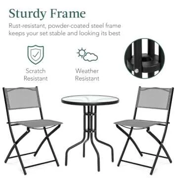 Best Choice Products 3-Piece Patio Bistro Dining Furniture Set w/Glass Tabletop, 2 Folding Chairs, Steel Frame, Polyester Fabric - Gray