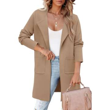 ZOLUCKY Womens Open Front Knitted Cardigan Fall Lightweight Long Sleeve Lapel Casual Oversized Solid Classy Wool Sweater Jacket Winter Coat Khaki S