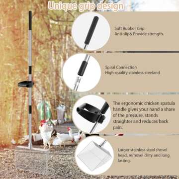 15-inch Large Chicken Poop Scooper with Ergonomic Grip, 4 in 1 Adjustable Chicken Coop Litter Scoop (24 to 70"), Multifunctional Litter Sifting Shovel Scoop- for Chicken Coop/Goat Stall/Stable