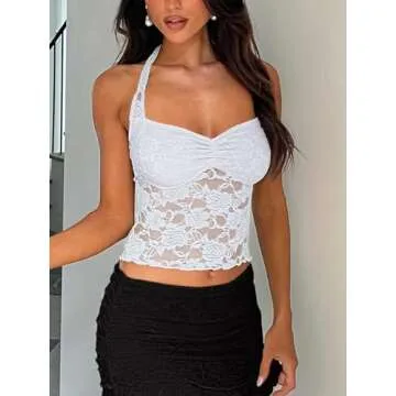 REORIA Womens Summer Sexy Lace Tank Tops Sleeveless Y2K Trendy Cute Crop Top Going Out Shirts 2025 Fashion White Small