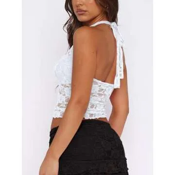 REORIA Womens Summer Sexy Lace Tank Tops Sleeveless Y2K Trendy Cute Crop Top Going Out Shirts 2025 Fashion White Small