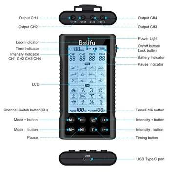 Belifu 4 Channel TENS EMS Unit for Pain Relief and Exercise