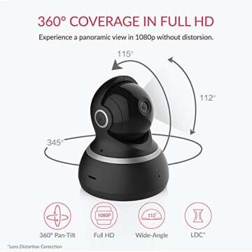 YI Pet Security Camera, 360-degree Smart Indoor Dog Cat Dome IP Cam with Night Vision, 2-Way Audio, Motion Detection, Phone App, Compatible with Alexa and Google-Black