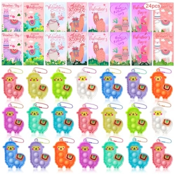 24 PCS Valentine's Day Llama Pop Fidget Toys & Cards for Kids Classroom