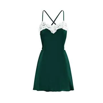 Zempertoopa Women Sexy Mini Dress Low Cut Solid Color Tank Dress Hollow Out Sleeveless Backless Bandage Shiny Satin Nightwear (S, Patchwork Dark Green)