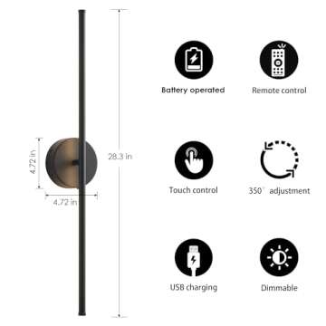 KARTOOSH Battery Operated Wall Sconces with Remote Control, Dimmable Wall Sconces Set of Two, 350°Rotate, 3000K LED Black Wireless Wall Light for Living Room, Bedroom,Hallway, 28.3 Inch (2 Pack)