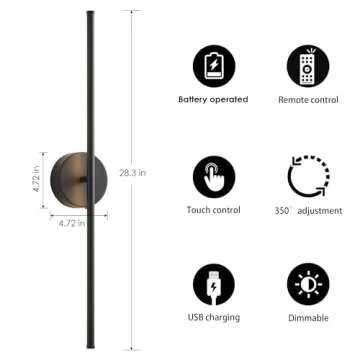 KARTOOSH Battery Operated Wall Sconces with Remote Control, Dimmable Wall Sconces Set of Two, 350°Rotate, 3000K LED Black Wireless Wall Light for Living Room, Bedroom,Hallway, 28.3 Inch (2 Pack)