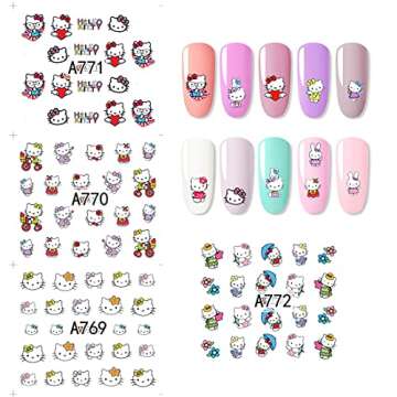 Cute Kawaii Cat Cartoon Nail Stickers Self-Adhesive Nail Decals for Women Girls Kids Nail Art Stickers (12 Sheets)