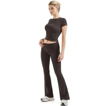 SUUKSESS Women 2 Piece Lounge Sets Going Out Y2K Foldover Pants Crew Neck Fitted Shirts Matching Pajamas (Chocolate, M)