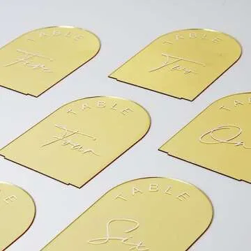 Gold Mirror Arch Wedding Table Numbers 1-15 with Stands, 5x7 Inch Acrylic Arch Sign with Holder, Gold Arch Acrylic Table Numbers for Wedding Reception Table Centerpiece Decoration(Gold Mirror Table