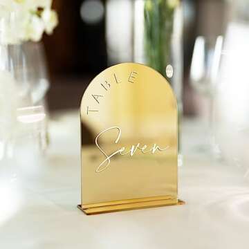 Gold Mirror Arch Wedding Table Numbers 1-15 with Stands, 5x7 Inch Acrylic Arch Sign with Holder, Gold Arch Acrylic Table Numbers for Wedding Reception Table Centerpiece Decoration(Gold Mirror Table
