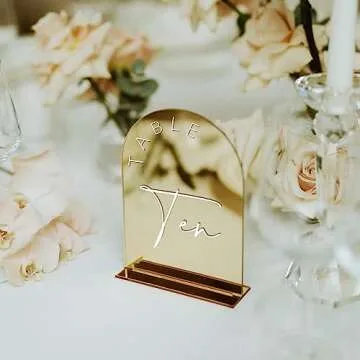 Gold Mirror Arch Wedding Table Numbers 1-15 with Stands, 5x7 Inch Acrylic Arch Sign with Holder, Gold Arch Acrylic Table Numbers for Wedding Reception Table Centerpiece Decoration(Gold Mirror Table