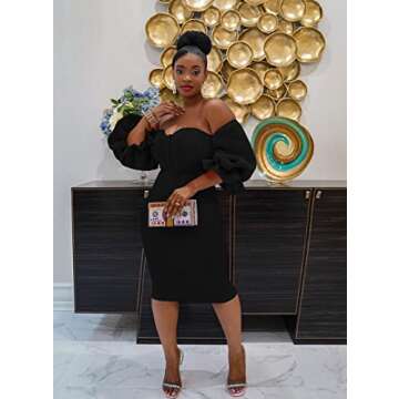 Memoriesea Women's Sexy Off Shoulder Bodycon Lantern Sleeve Front Hook Midi Party Dress Black