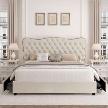 HOSTACK Queen Bed Frame with Storage & Upholstered Headboard