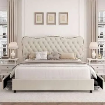 HOSTACK Queen Bed Frame with Storage & Upholstered Headboard