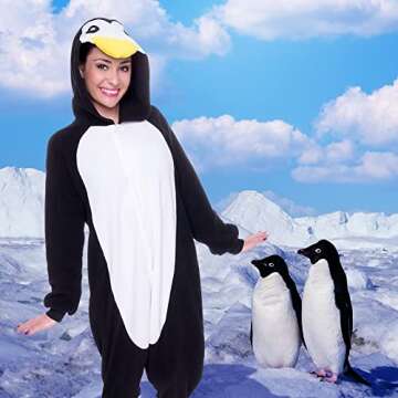 Funziez! Adult Onesie Halloween Costume - Animal and Sea Creature - Plush One Piece Cosplay Suit for Adults, Men and Women Penguin
