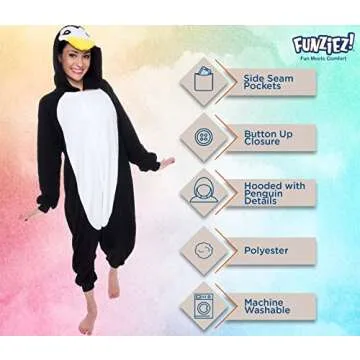 Funziez! Adult Onesie Halloween Costume - Animal and Sea Creature - Plush One Piece Cosplay Suit for Adults, Men and Women Penguin