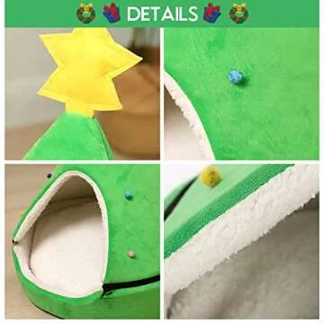 NIBESSER Cat Bed Christmas Tree Cat Tent House Self-Warming 2 in 1 Removable Comfortable Triangle Pet Teepee Xmas Dog Cave in Winter (Green)