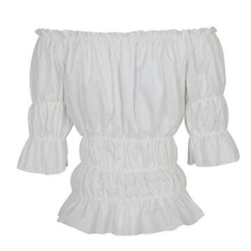 Women Renaissance Blouse Victorian Steampunk Pirate Shirt Off Shoulder Short Sleeve Smocked Blouse Tops White Medium