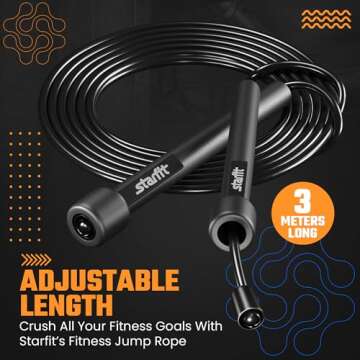 STARFIT Adjustable Lightweight Jump Rope - Tangle-Free Design for Cardio, HIIT, and Endurance Training - Durable Fitness Skipping Rope for All Levels.