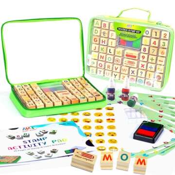 Large Wooden Stamp Premium Set for Kids. 72 Pcs Alphabet Stamps. Letters, Numbers, 3-Color Washable Ink Pad, 3 Refill Bottles, Activity Book. Ideal Creativity Kit for Back to School