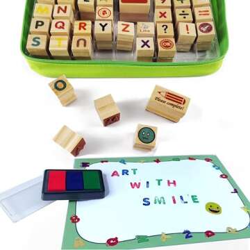 Large Wooden Stamp Premium Set for Kids. 72 Pcs Alphabet Stamps. Letters, Numbers, 3-Color Washable Ink Pad, 3 Refill Bottles, Activity Book. Ideal Creativity Kit for Back to School