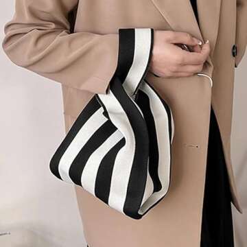 Anopo Women's Knotted Wristlet Knitted Bag Aesthetic Crochet Tote Bag Small Wrist Bag Sleeve-Knot-Pouch Striped Black White