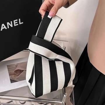Anopo Women's Knotted Wristlet Knitted Bag Aesthetic Crochet Tote Bag Small Wrist Bag Sleeve-Knot-Pouch Striped Black White