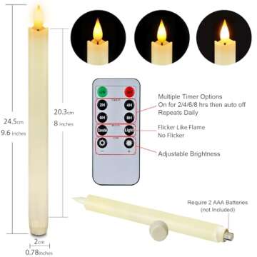Homemory 2 Pcs Real Wax Made Flameless Taper Candles with Remote and Timer, 9.6" Ivory Battery Operated Candle Stick Flickering, Led Taper Candles with Lifelike Flame for Indoor Home Decor