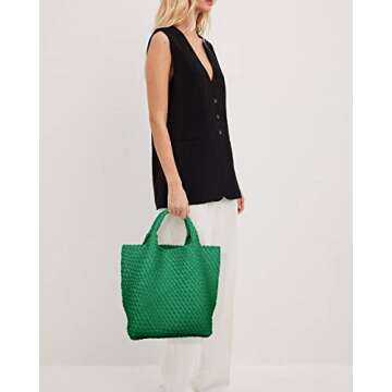MJUEO Womens Vegan Leather Woven Bag with Purse, Fashion Handmade Beach Tote Top-handle Handbag Pine