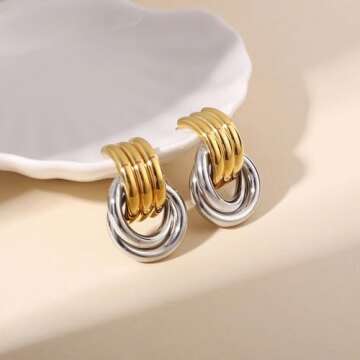 Elegant Gold and Silver Two Tone Knot Earrings – Stylish Statement Hoops