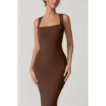 QINSEN Women's Square Neck with Lace Detail Long Maxi Dress Sleeveless Lounge Ribbed Full Length Dre...