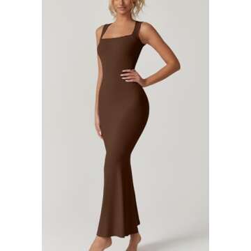 QINSEN Women's Square Neck with Lace Detail Long Maxi Dress Sleeveless Lounge Ribbed Full Length Dresses Brown XS