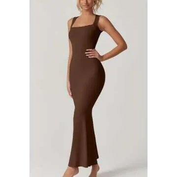 QINSEN Women's Square Neck with Lace Detail Long Maxi Dress Sleeveless Lounge Ribbed Full Length Dresses Brown XS