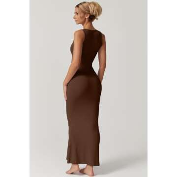 QINSEN Women's Square Neck with Lace Detail Long Maxi Dress Sleeveless Lounge Ribbed Full Length Dresses Brown XS