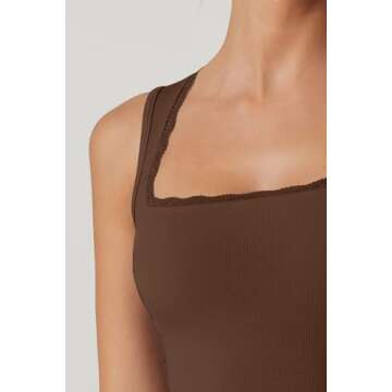 QINSEN Women's Square Neck with Lace Detail Long Maxi Dress Sleeveless Lounge Ribbed Full Length Dresses Brown XS