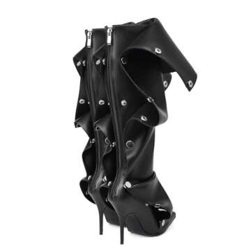 Arqa Womens Stiletto Heel Knee High Boots Pointed Toe Applique Denim Boot with Zipper Silver Buttons Fall Slouchy Boot Black Size 6