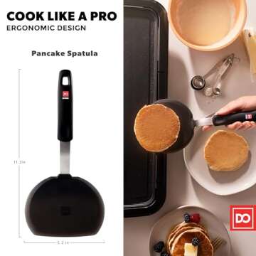 Silicone Turner Pancake Spatula - Nonstick Cookware Safe 600°F Heat-Resistant Flexible & Thin Cooking Flipper for Eggs - Reinforced Stainless Steel Core - BPA Free & Dishwasher Safe by DI ORO